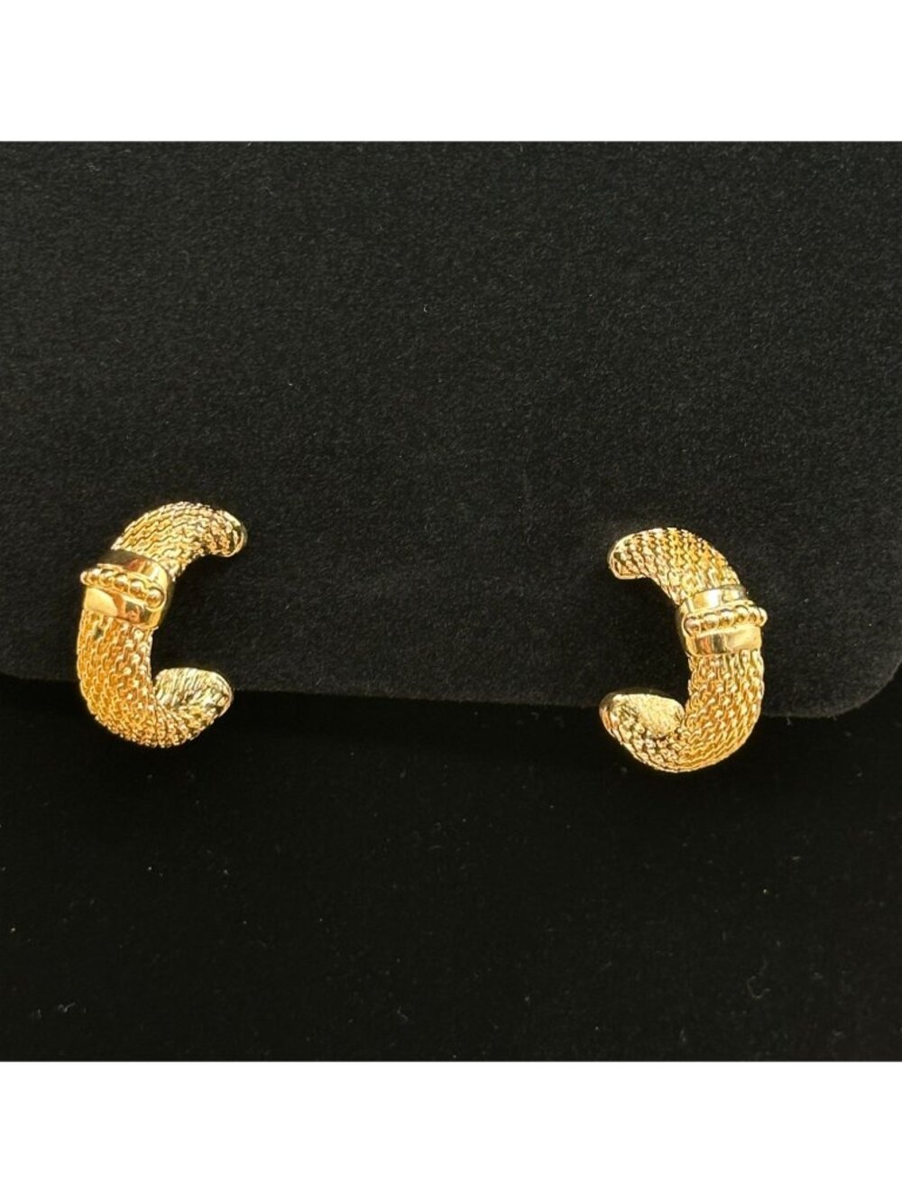 Burberrys Vintage Gold Tone Woven Mesh Half Hoop Clip On Earrings Signed